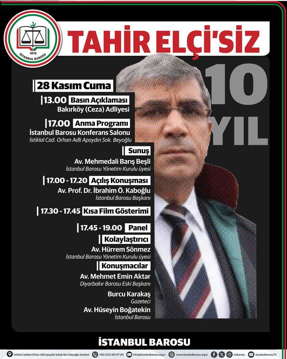 TAHİR ELÇİ’SİZ 10 YIL

Diyarbakır Barosu Başkanı ve insan hakları savunucusu Av. Tahir Elçi’nin katledilmesinin üzerinden on yıl geçti. Geçen on yıla rağmen, sevgili Başkanımızı hayattan koparan saldırının failleri hâlâ tespit edilememiş; olayın tüm yönleriyle aydınlatılması