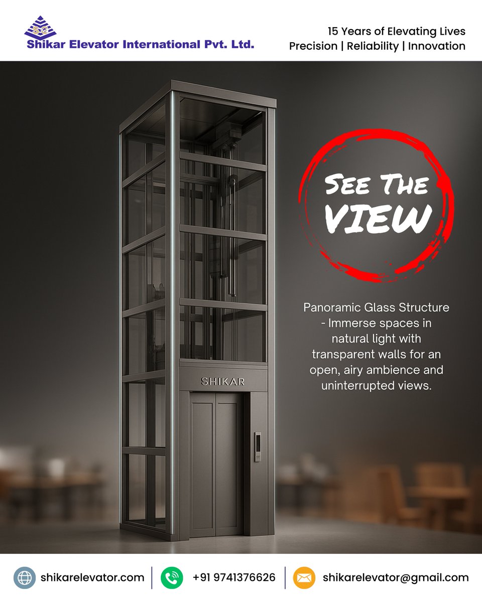 shikarElevator's tweet image. Shikar Elevators – See the View. Feel the Luxury.
Experience Vertical Luxury, Where Contemporary Design Meets Effortless Performance.

Step into a future where style meets precision engineering. 

#ShikarElevators #LuxuryLift #GlassElevator #ModernArchitecture #VerticalMobility