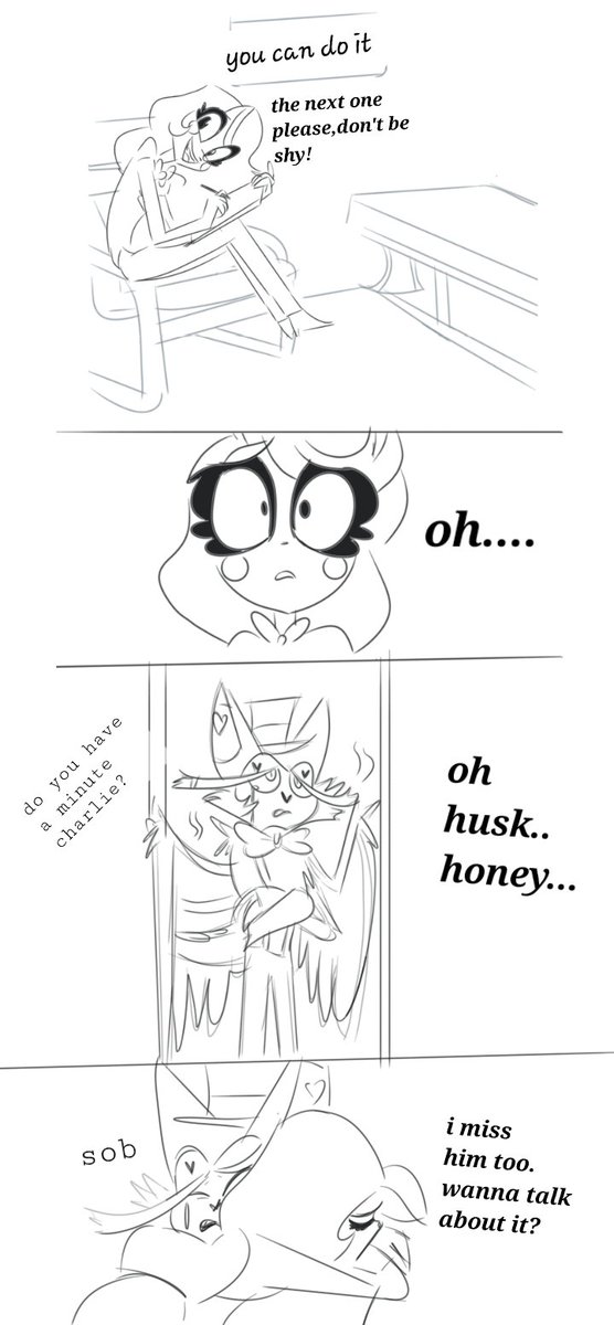 HAZBIN HOTEL COMIC: THERAPY
(Yeah,i know Charlie doesn't really care about Angel,but she can at least help Husk,I guess.)

#hazbinhotel #hazbinhotelcomic #HazbinHotelFanart #hazbinhotelseason2 #huskhazbinhotel #charliemorningstar