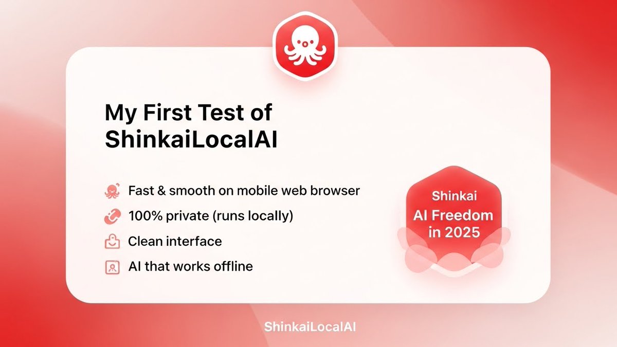 Glorywise2k2's tweet image. Just used @ShinkaiLocalAI on my phone browser. It is fast, smooth, fully local.

No cloud. No tracking. This is how AI should work in 2025.

If you care about data ownership + AI freedom, keep your eyes on this

🔗 shinkai.com
#Shinkai #LocalAI #AIAgent