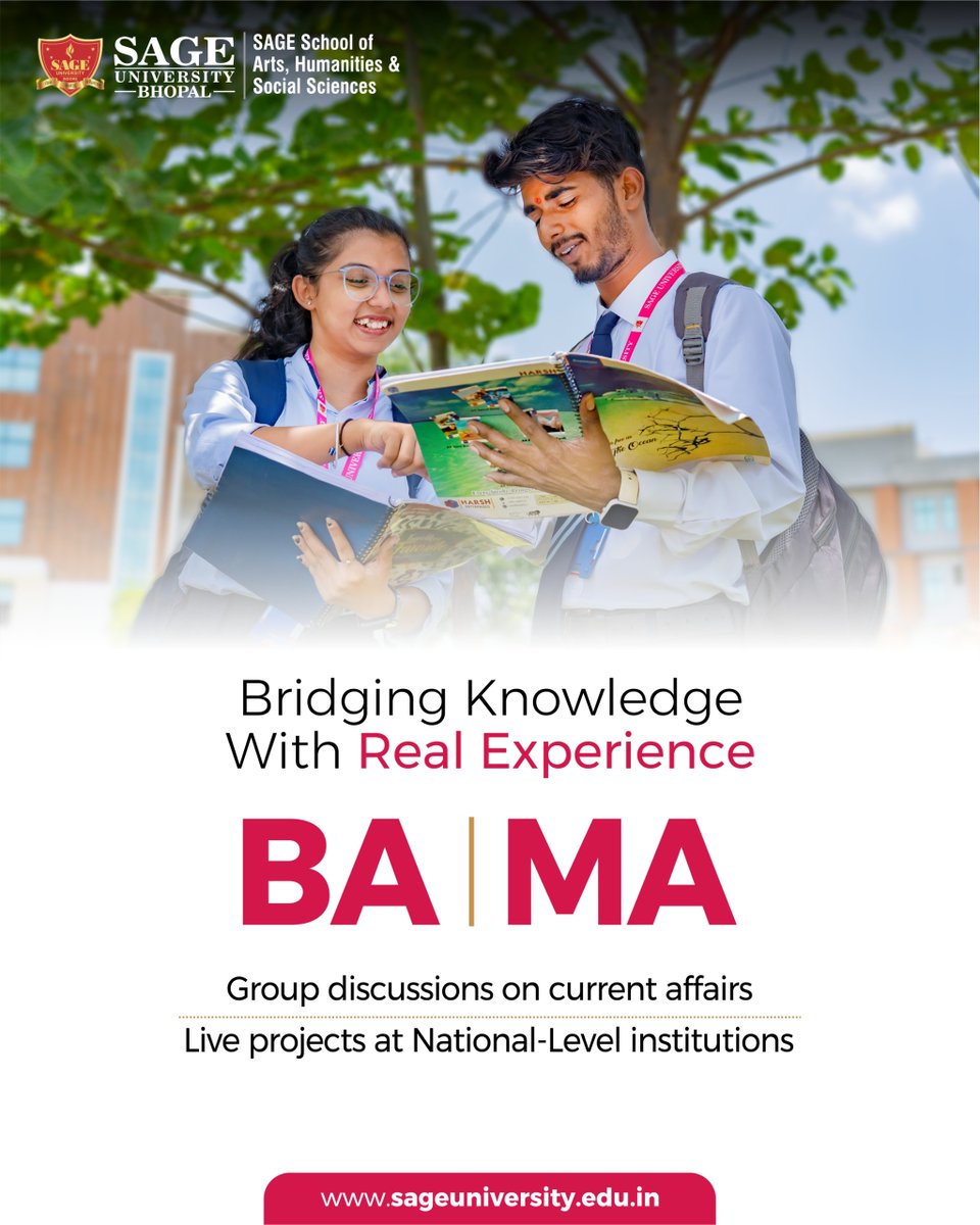 SageUniBhopal's tweet image. At the School of Arts, Humanities &amp;amp; Social Sciences, BA and MA students learn through real discussions and projects—shaping informed, future-ready thinkers.

Visit: sageuniversity.edu.in/bhopal-admissi…
__
#SAGEUniversityBhopal #CareerOpportunities #ArtsAndHumanities #BA #MA