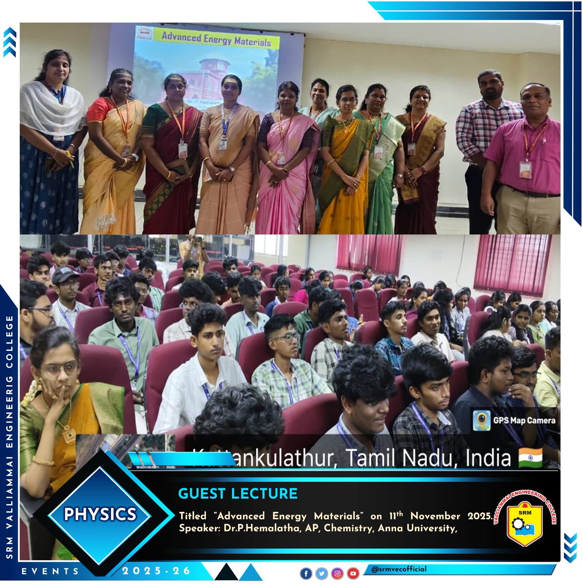 srmvecofficial's tweet image. The Department of Physics, SRM Valliammai Engineering College, organized a Guest Lecture on “Advanced Energy Materials” on 11th November 2025 at 2:30 PM.
#SRMVEC #PhysicsDepartment #GuestLecture #EnergyMaterials #SustainableTech #MaterialScience #CleanEnergy