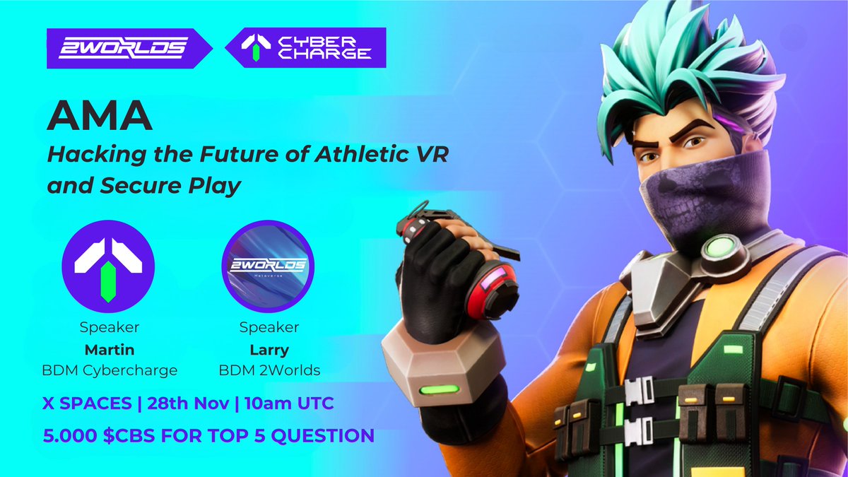 2worlds_io's tweet image. @2worlds_io X @CyberChargeWeb3 AMA: Hacking the Future of Athletic VR and DePIN Infrastructure ⚡️

Athletic VR FPS meets DePIN Charge-to-Earn: Real movement, blockchain assets &amp;amp; gamified rewards!

🎁 5,000 $CBS for the 5 best questions during the Space!

📅 Nov 28th at 10:00 AM…