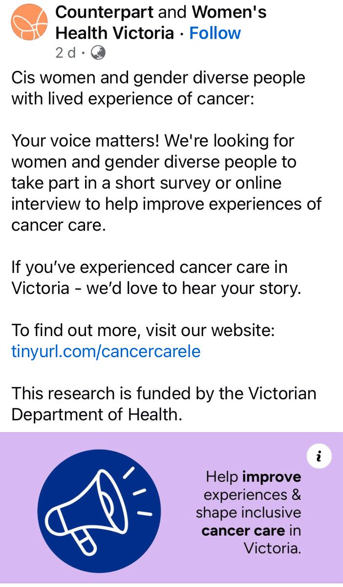 angijones's tweet image. Woman are degraded by the insulting“cis” moniker while men are invited to shape the future of women’s cancer treatment. 
This is a Victorian government sponsored survey (of course).