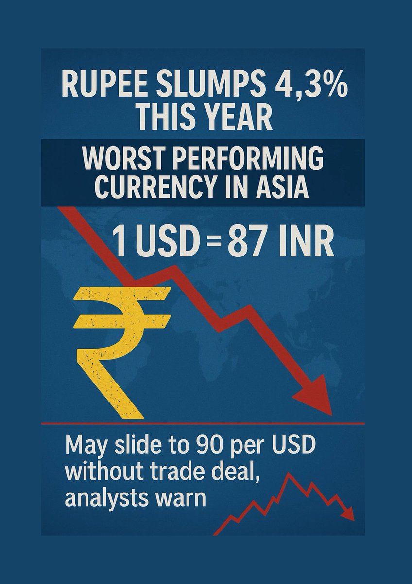 UpscNotes's tweet image. 📉 Indian Rupee Faces Sharp Decline | What’s Happening?
upscexamnotes.com/upsc-article.p…
The Indian Rupee (INR) has slipped 4.3% against the US Dollar (USD) so far in the 2025 calendar year, making it Asia’s worst-performing currency, according to forex analysts. 💱

#IndianRupee #INR…