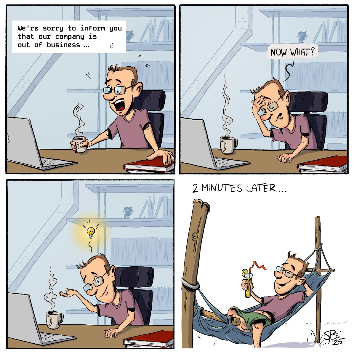 My employer went out of business last month. 😢
Using the time for side projects, studying… and a new path: drawing gag comics! 

Turning the  job-hunt misery into 3-4 panel stories. #cartoon #jobhunt #comic #layoff