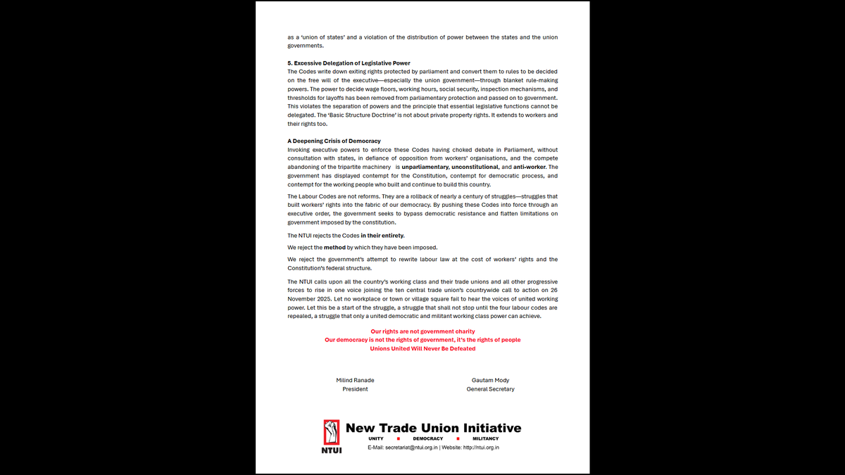 theNTUI's tweet photo. The Labour Codes violate fundamental rights, violate the values that govern labour democracy and federalism in our country. The codes are structurally flawed legally unsound and designed to hollow out workers’ rights. The protest will not end until the Labour Codes are repealed https://t.co/9SLiYpHcNT