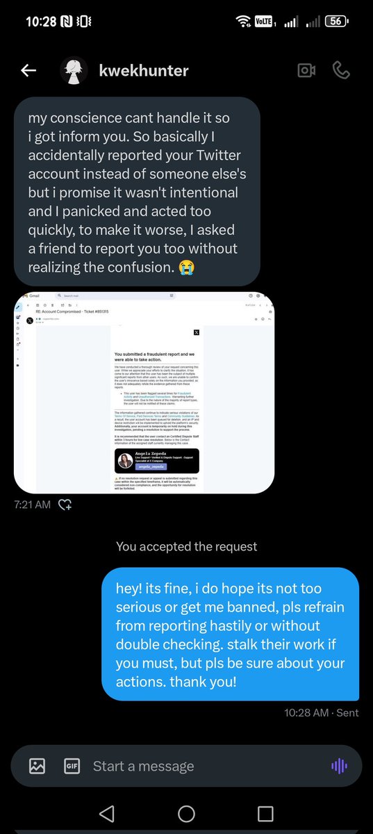 kazuegotlost's tweet photo. SCAM ALERT!

i never though that i would be almost be scammed and make me lose my account.

kwekhunter (@/kwe2424), dmed me because of an accidental report and i assured them it was okay and hoped that nothing bad would happen... (+) https://t.co/uod4u5Ki3P