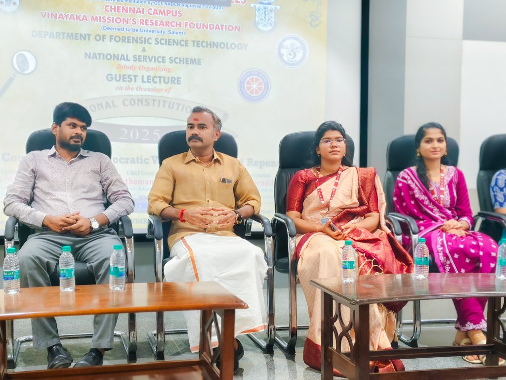 asuvathaman's tweet image. I was delighted to participate and deliver an address at the seminar organised by the Department of Forensic Science, Vinayaka Mission Deemed University, Chennai Campus, on the occasion of National Constitution Day.

#ConstitutionDay
#ForensicScience
#VinayakaMission…
