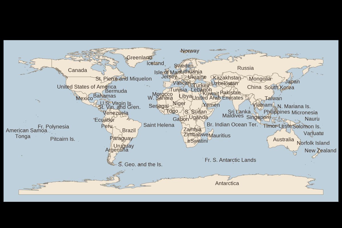 FGazzelloni's tweet image. Day 24 — Places &amp;amp; Their Names 🌍
A simple world map labelled with English country names, built in R with Natural Earth + ggplot2.
Clean, minimal, and ready for the eye to explore.

#30DayMapChallenge #RStats #DataViz #GIS #sf #ggplot2