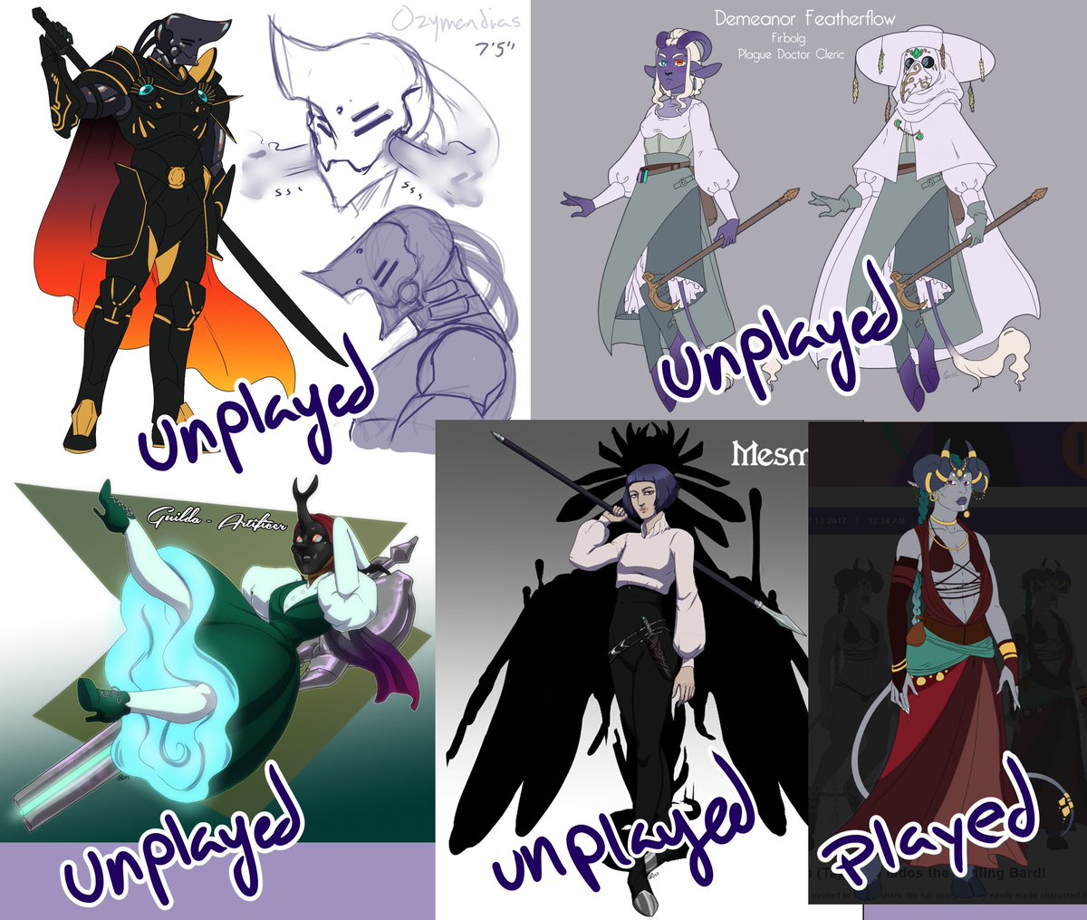 TheRileyOMalley's tweet photo. So if you ever need work for your D&D campaigns-
Mostly did these to see the variety in design work (notes of who all I have played and not played yet)
#RileyArt #RileyOCs #dnd https://t.co/3FfGssOe23