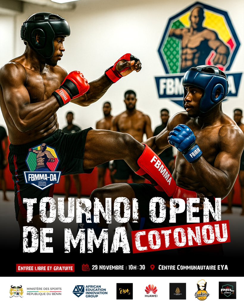 ❓ Vous souhaitez découvrir de nouveaux talents du MMA au Bénin ? 

✅Rejoignez-nous le samedi prochain 29 novembre à <a href="/EyaCenter/">Eya center</a> apd 10h30 pour la première édition du TOURNOI OPEN DE MMA COTONOU

🎟️Entrée libre et gratuite !

#FBMMADA #BeninMMA #wasexo