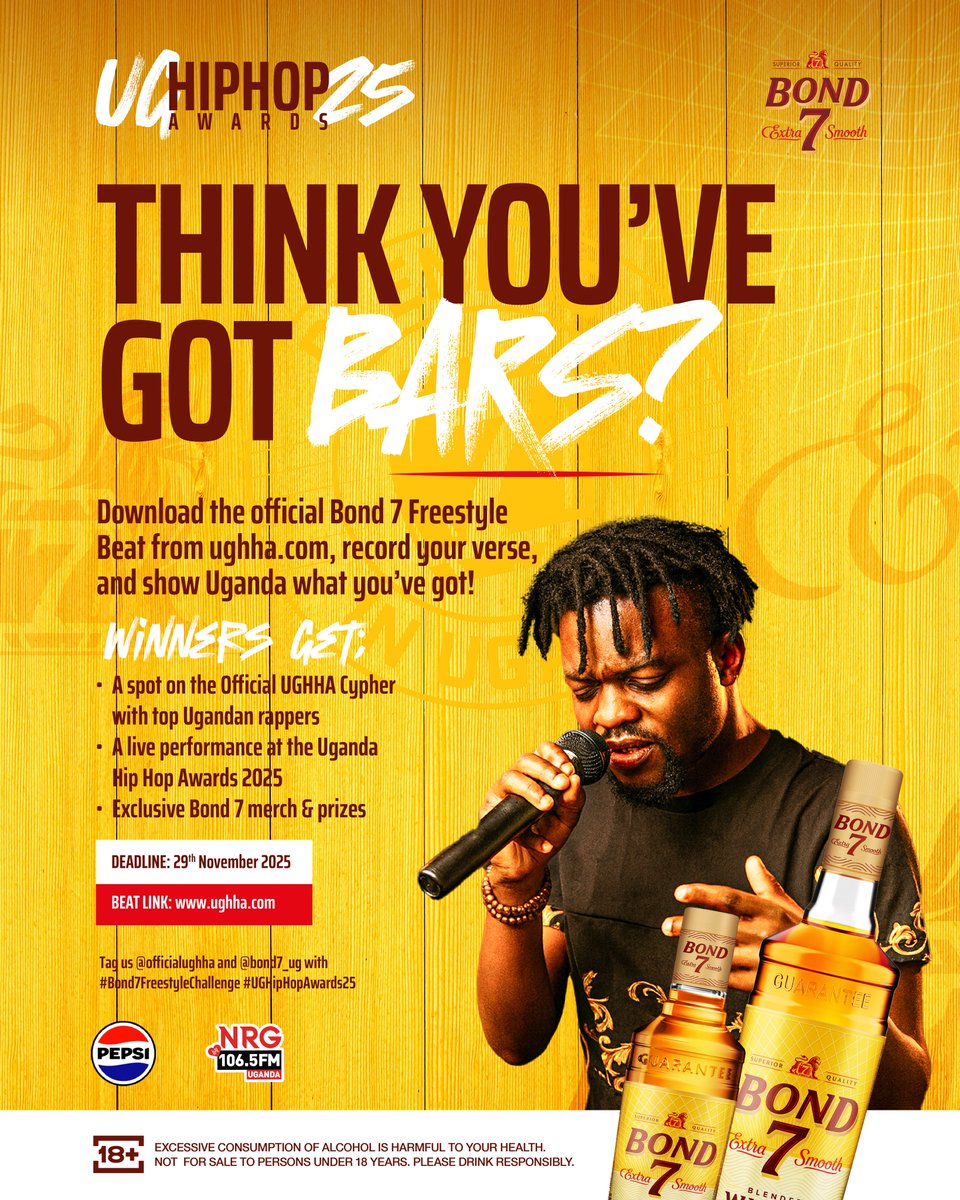 Think you’ve got bars?
🎤 🏆🏆🏆
Deadline: 29th November 2025
Beat link: ughha.com
Tag us <a href="/officialughha/">#UGHipHopAwards2025</a> and #bond7UG with #Bond7FreestyleChallenge #UGHipHopAwards25 #ughiphopawards2025