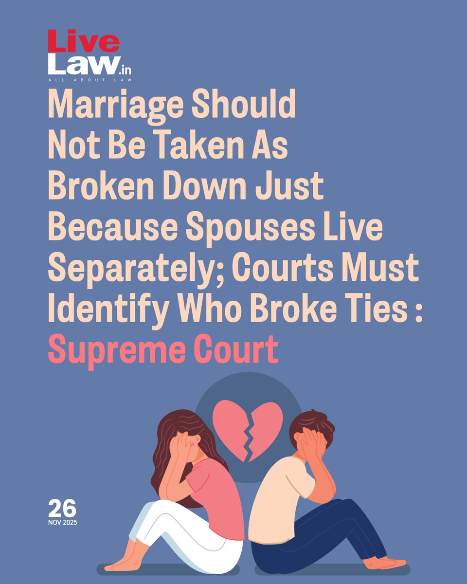 LiveLawIndia's tweet image. The Supreme Court has recently cautioned High Courts and Trial Courts against dissolving marriages solely on the basis of couples living apart and labelling it an irretrievable breakdown. The Court emphasised that judges must undertake a thorough examination of the reasons behind…