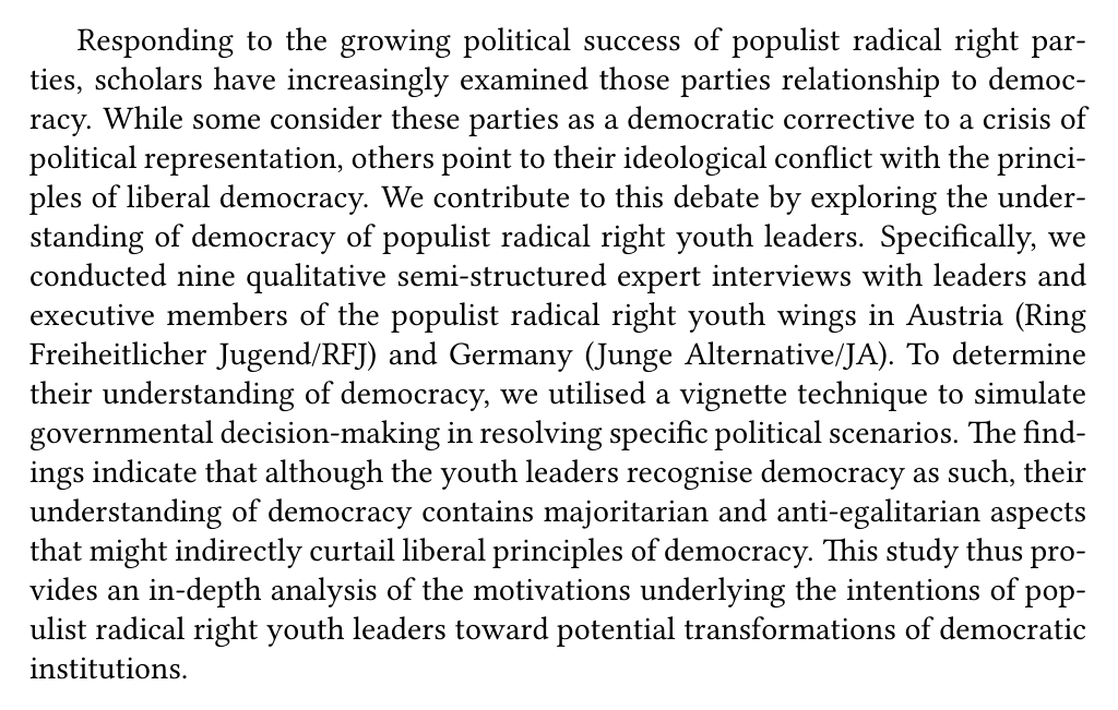 RRResRobot's tweet image. Want to know more about the #FPÖ? L. Anter, U. Backes, R. Heinisch, et al. “Challenging Liberal Principles: Understanding of Democracy Among Populist Radical Right Youth Leaders in Austria and Germany”. In: German Politics online first (2024), pp. 1-31.