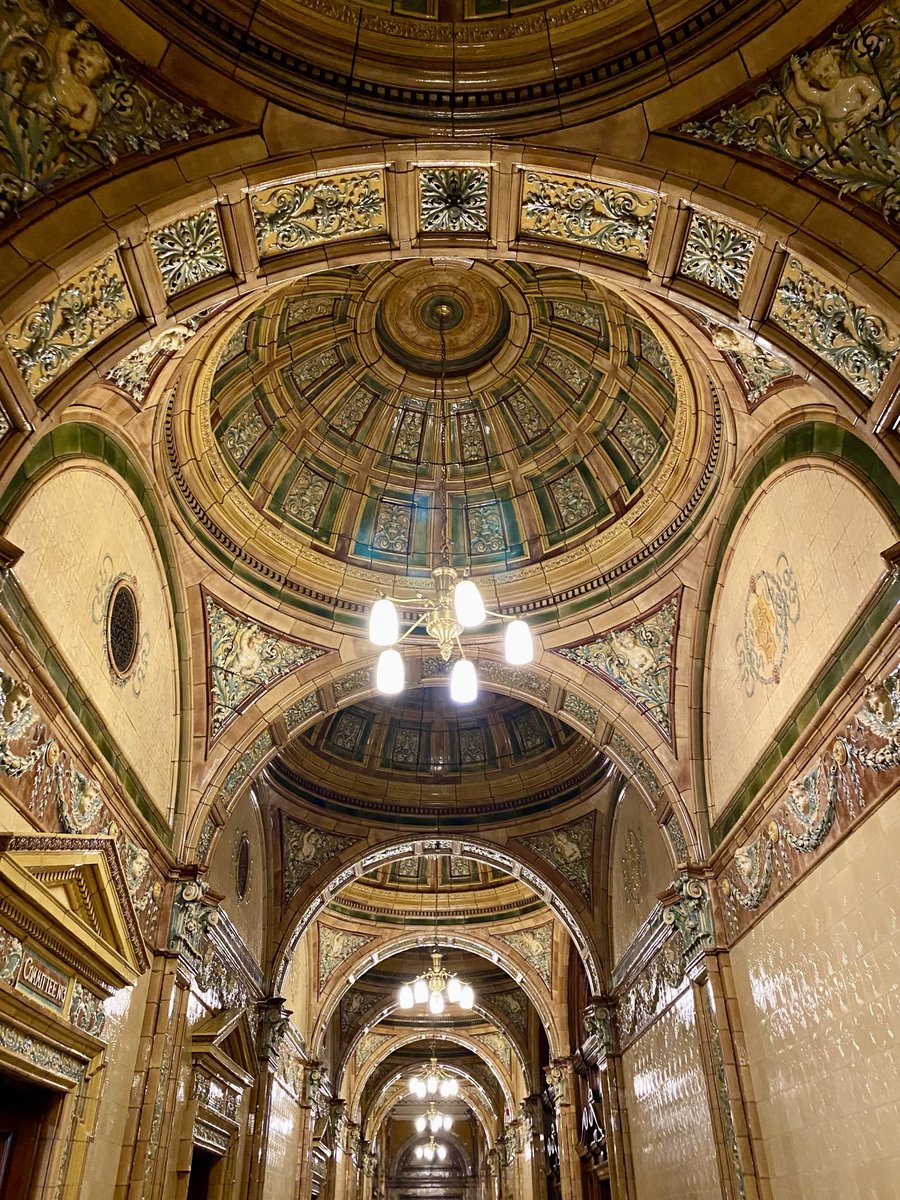 Yesterday I had to wait in the Councillors Corridor in Glasgow’s City Chambers prior to a meeting starting. With its colour and lavish ornament combined with the sequence of tiled domed ceilings, this intense space is the apotheosis of the wally close in Glasgow and hugely