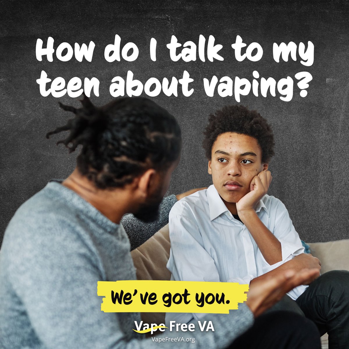 VDHgov's tweet image. Looking for ways to bring up #vaping? We’ve got you. Connect with a Quit Coach, find talking points, toolkits and facts about vaping on VapeFreeVA.org. 

#QuitNowVirginia #VapeFree #Parenting