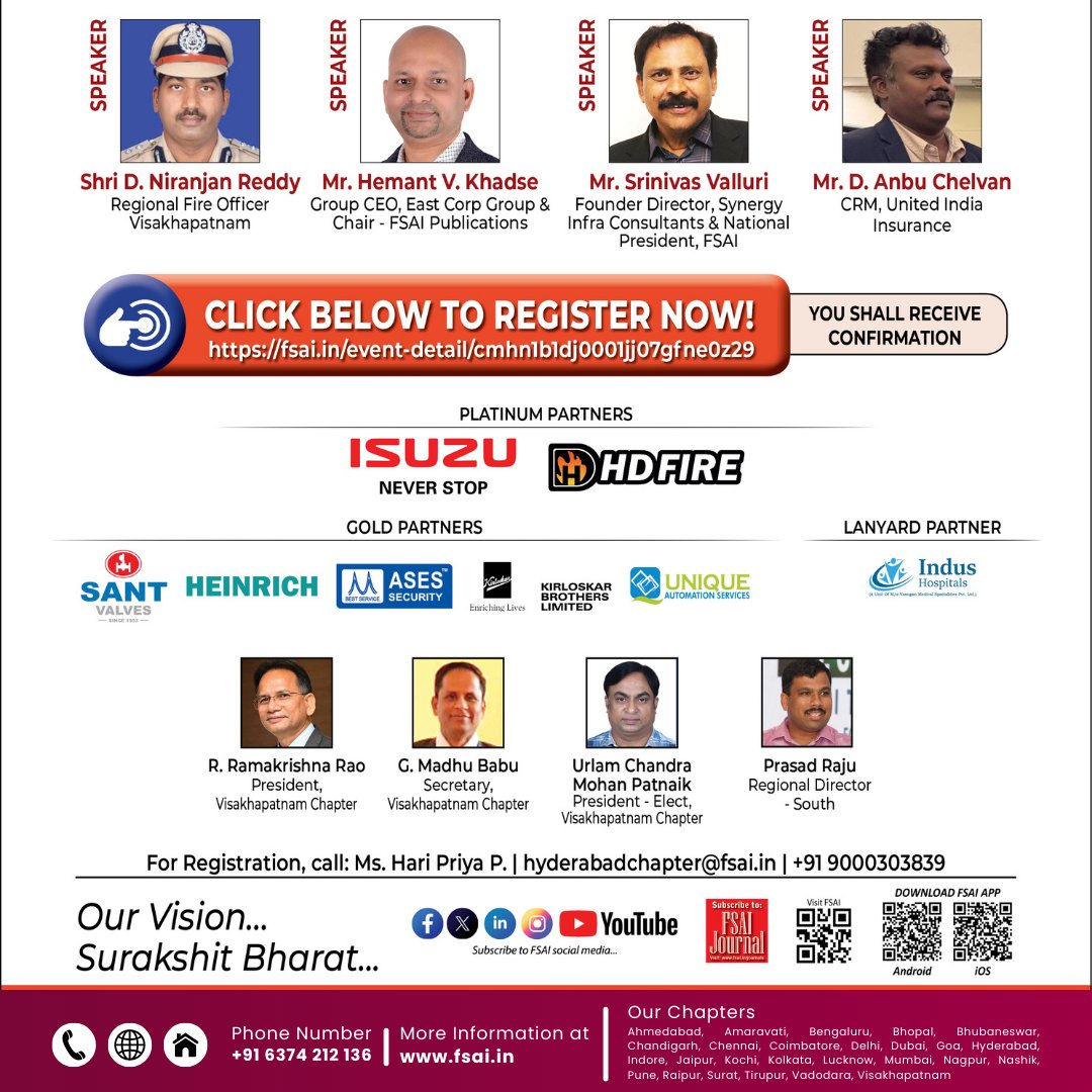 FSAIIndia's tweet photo. IFSY 2025 – Visakhapatnam, Seminar on Fire &amp; Security for Industries Including Hospitals
28 Nov | 9:30 AM – 5 PM |  Hotel Daspalla, Vizag
Featuring top speakers: Niranjan Reddy, Hemant Khadse, Srinivas Valluri, Anbu Chelvan
Register: https://t.co/0fHDmhCGRx
#IFSY2025 #FSAI https://t.co/TMGobXazKa