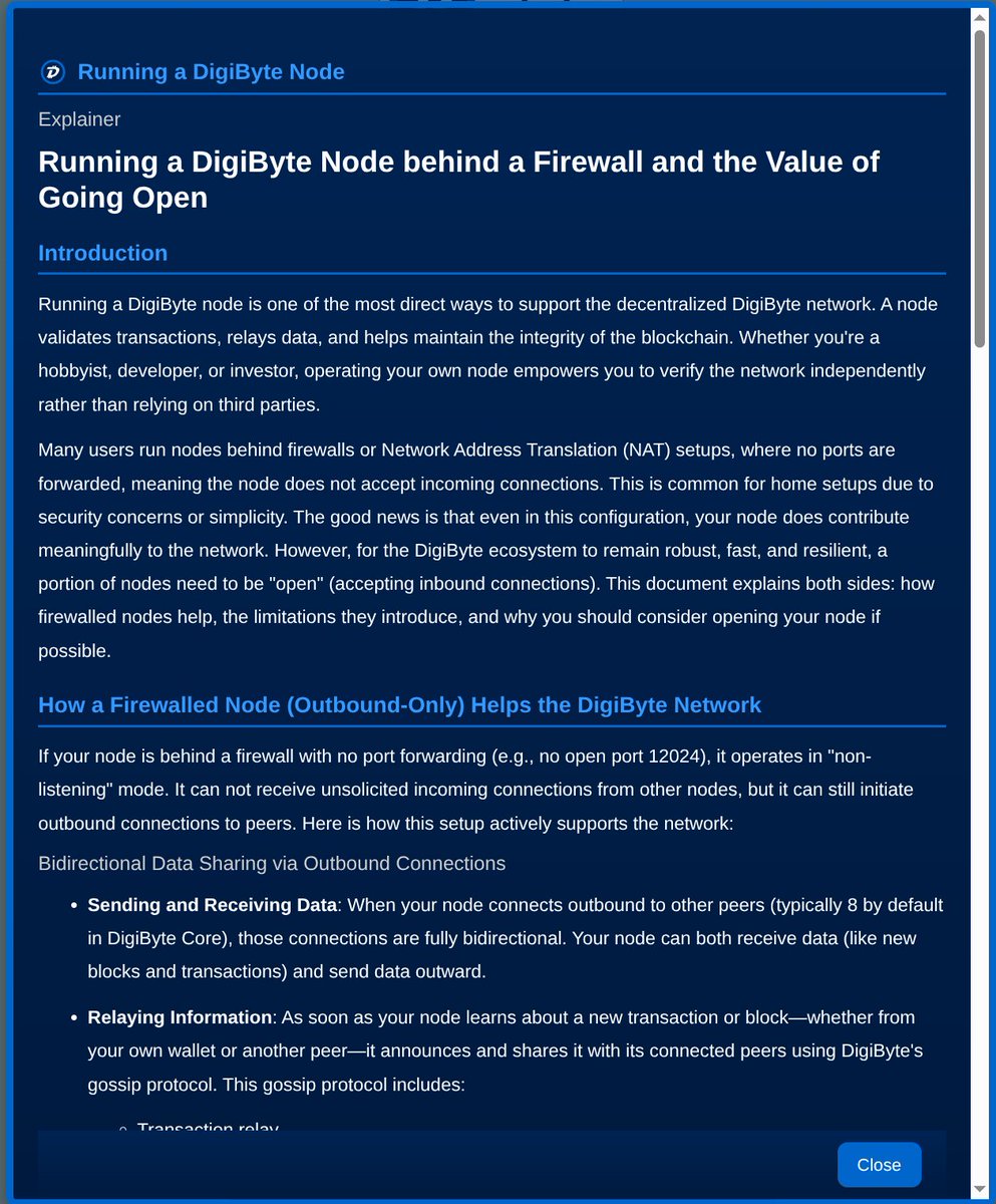 A fresh addition to DigiByte Open Nodes Network has just been uploaded.

Introducing an "Explainer" in the menu that breaks down the benefits of firewalled DigiByte nodes, the constraints they impose, and the reasons to open up your node whenever feasible.