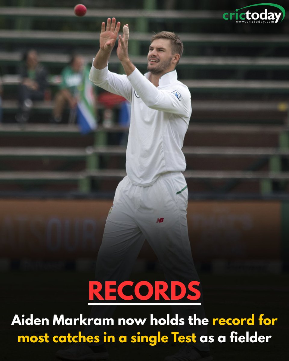 Aiden Markram creates history. His catch to dismiss Washington Sundar off Simon Harmer took his tally to nine, the most by any fielder in a single Test. He breaks Ajinkya Rahane’s 2017 record of eight catches. A landmark moment in Test fielding.

#AidenMarkram #INDvsSA