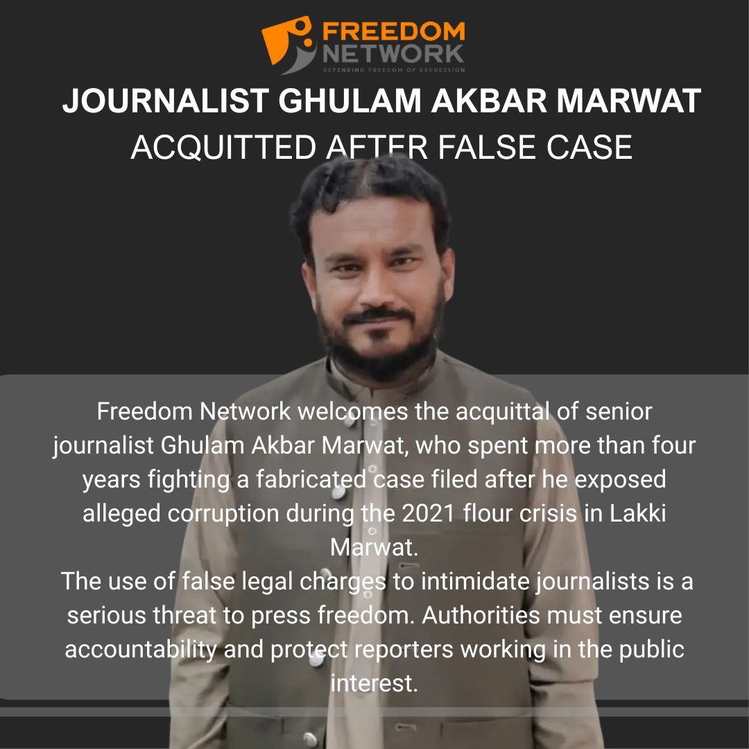 pressfreedompk's tweet image. لکی مروت سے تعلق رکھنے والے سینئر صحافی غلام اکبر مروت کو ساڑھے چار سال بعد عدالت نے جھوٹے مقدمے سے باعزت بری کردیا گیا جو کہ 2021 کے آٹا بحران میں محکمہ فوڈ کی مبینہ کرپشن کو بے نقاب کرنے پر ان کے خلاف درج کیا گیا تھا۔
#FreedomofExpression #Journalismisnotacrime #FreedomNetwork