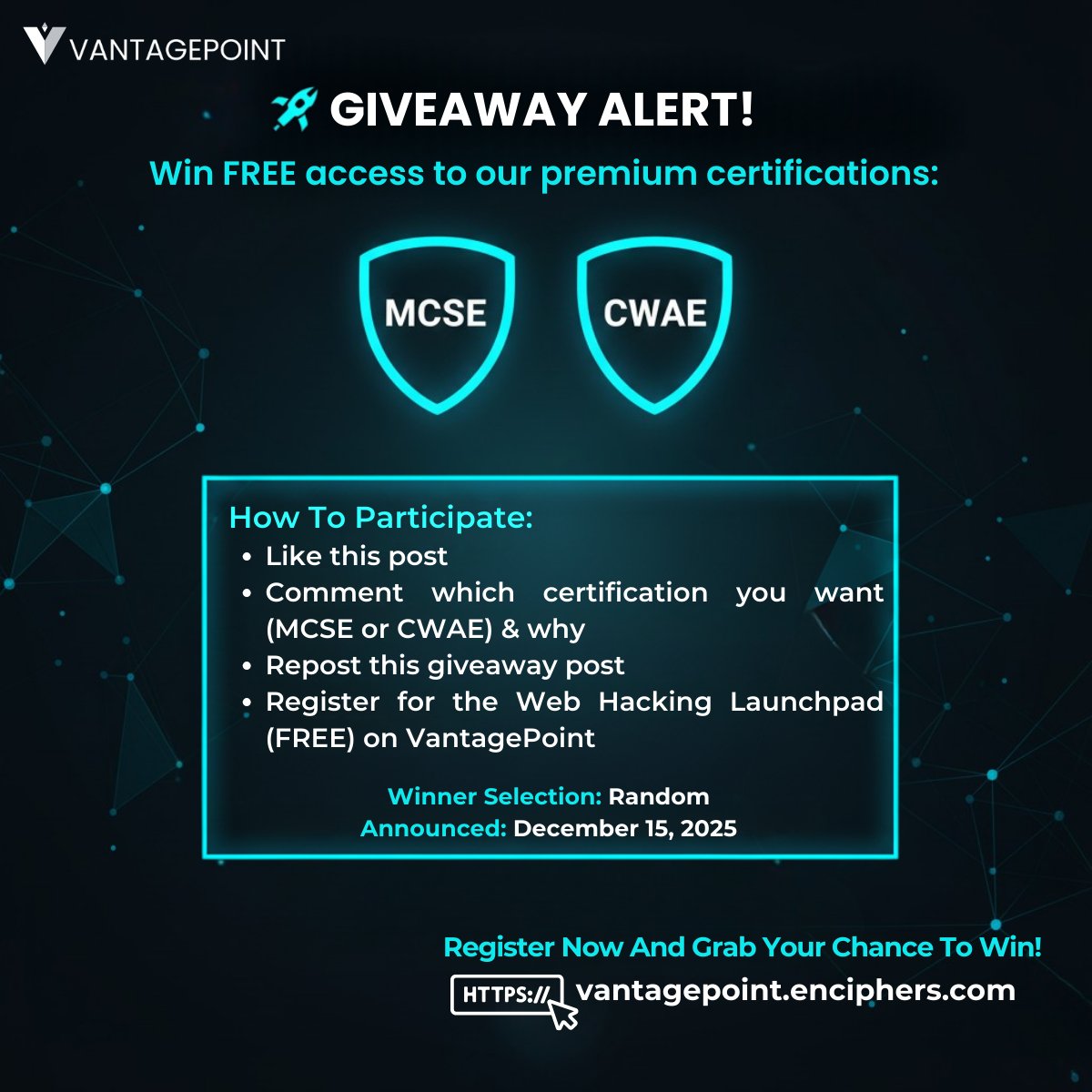 EnciphersLabs's tweet image. 🚀 @vantag3point Black Friday Giveaway!

We’re giving away FREE access to two of our most on-demand, hands-on cybersecurity certifications:
1 seat – Multi-Cloud Security Expert (MCSE)
1 seat – Certified Web AppSec Expert (CWAE)
(Both include unlimited lab access for practice +…