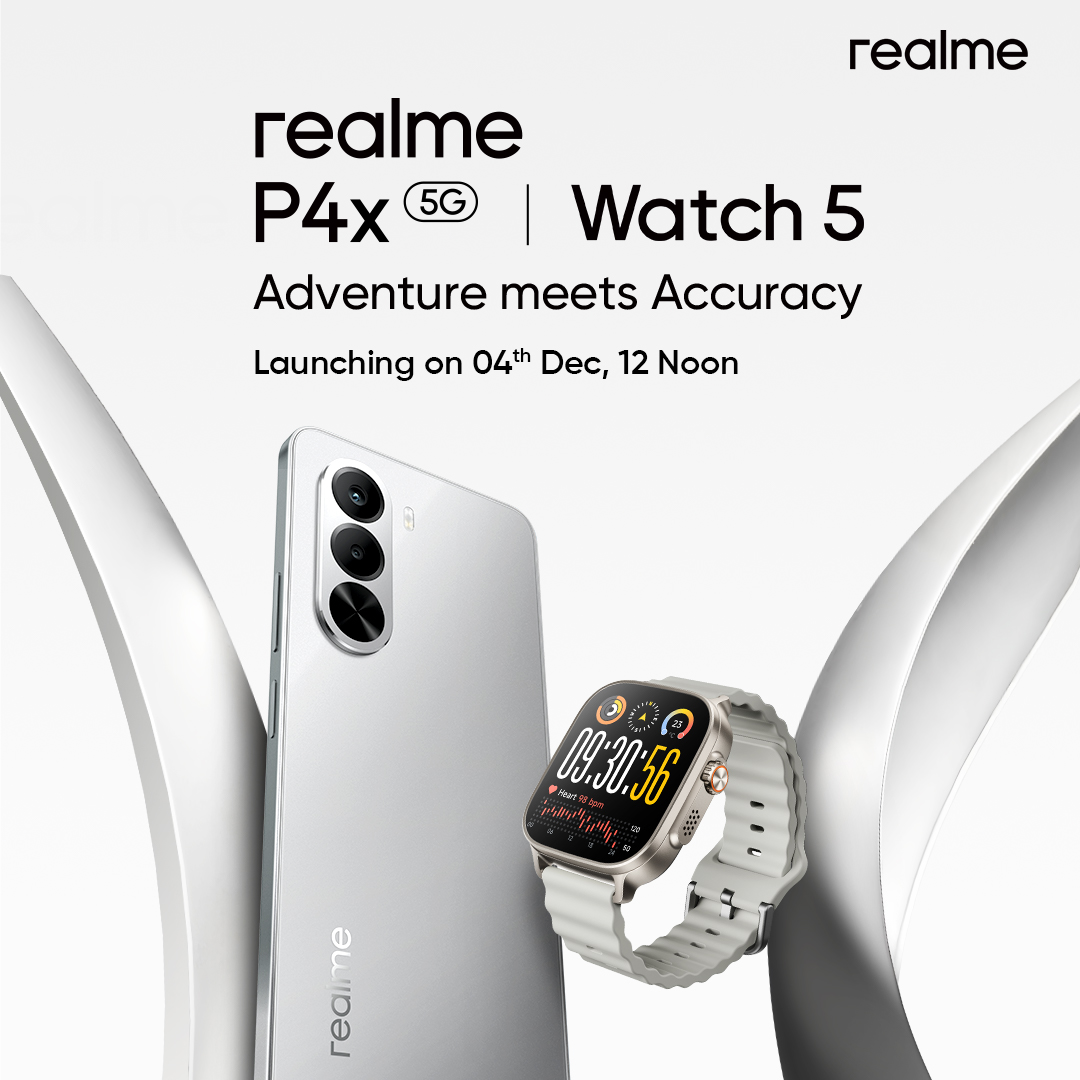 realmeIndia's tweet image. The #realmeP4x and the #realmeWatch5 bring power and precision together to give you smoother performance and the confidence to take on every adventure with accuracy.

Launching on 04th Dec, 12 PM.

Know more:
tinyurl.com/bdf64zsv
tinyurl.com/bdd8vzzb

#realmeP4x…