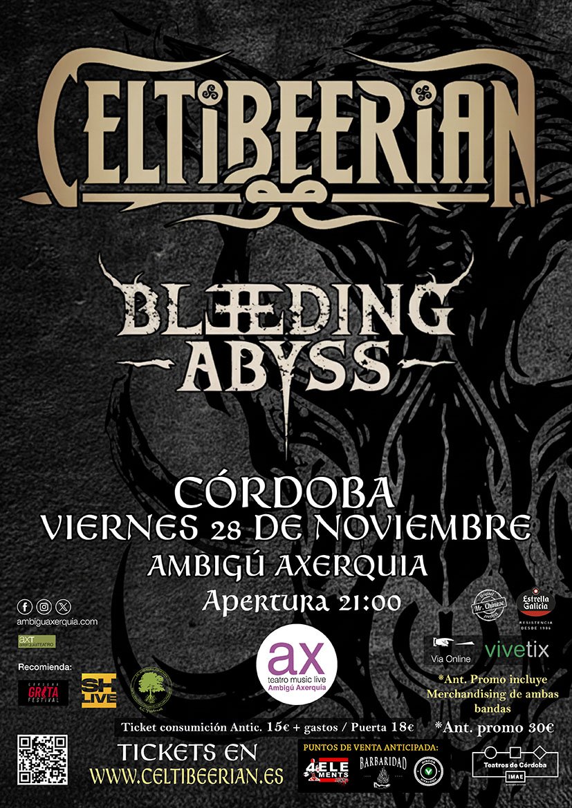 La banda de Folk Metal CELTIBEERIAN vuelven a Córdoba acompañados de Bleeding Abyss desde Córdoba. VIERNES 28noviembre
apertura a las 21.30h
<a href="/IMAECordoba/">IMAEcordoba</a> 
<a href="/Celtibeerian/">Celtibeerian</a>