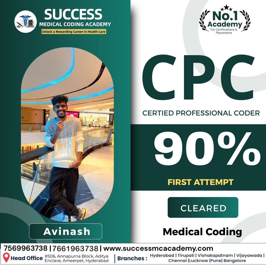 SuccessCoding's tweet image. Hearty Congratulations to Avinash from Success Medical Coding Academy

For Securing an Impressive 90% in CPC Exam and Clearing it in the First Attempt 

We are Truly Honored to have you as part of our Success Medical Academy

#CPC #Medicalcoding #BestInstitute #Ameerpet #HYD