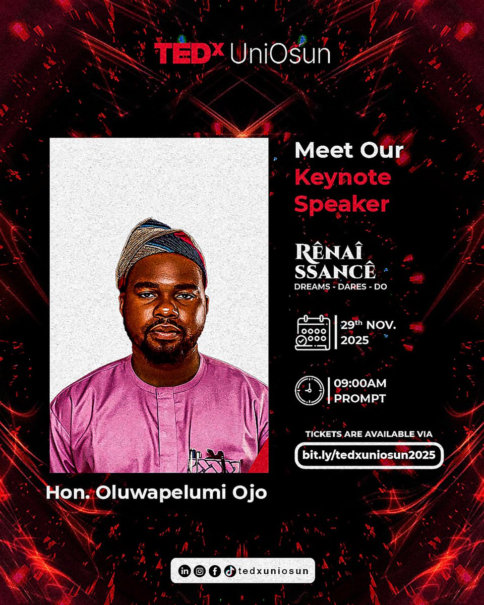 pelumi__ojo's tweet photo. Make it a date this Saturday, It will be worth your while.
Let’s explore the value of waste, the power of ideas, and the future we can build together at TEDxUniOsun.
See you there! https://t.co/nURTGaA34V