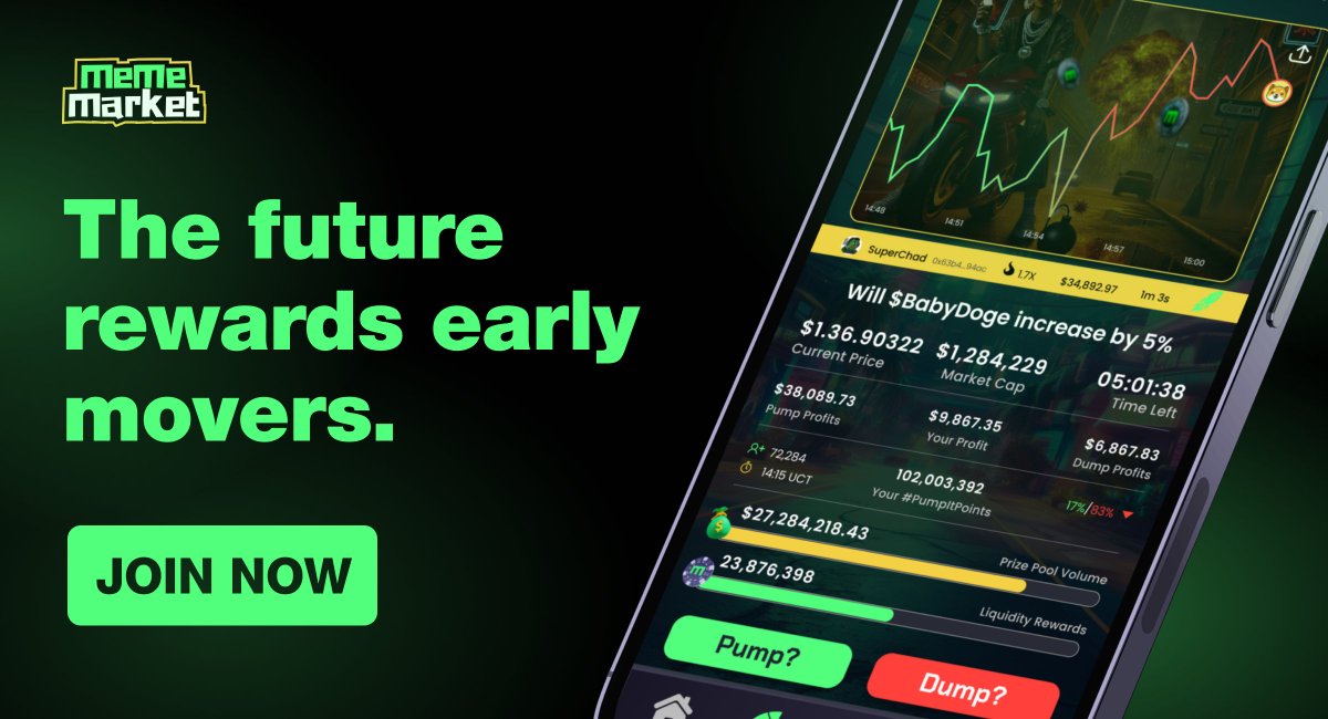 MemeMarketFun's tweet image. Meme prices move hourly &amp;amp; daily — so do opportunities.

Predict outcomes, profit on precision, earn LP rewards each trade.

The future rewards early movers.👇

👉 Trade now: trade.mememarket.fun
📖 How to Trade: mememarket.gitbook.io/mememarket/mem…
💥 Learn about $MFUN Liquidity Rewards:…