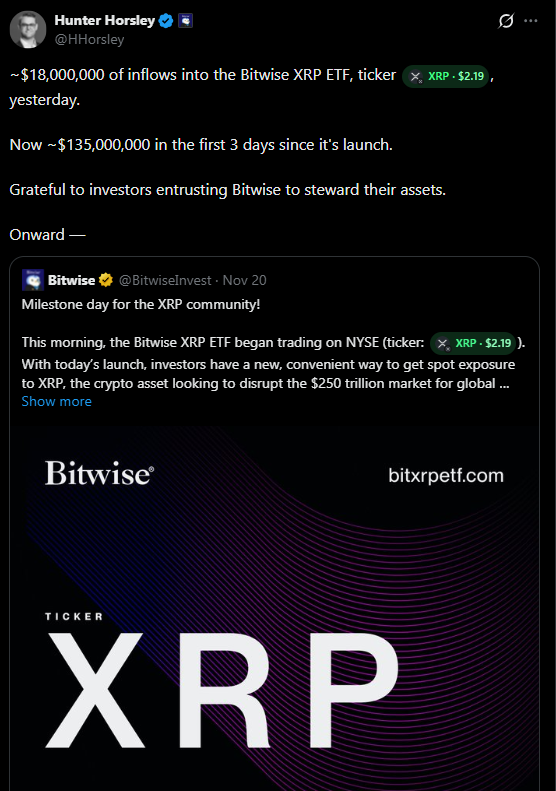 thecryptobasic's tweet image. $135 Million Flows Into New $XRP ETF, Bitwise CEO Confirms. #Ripple 🧵🧵🧵