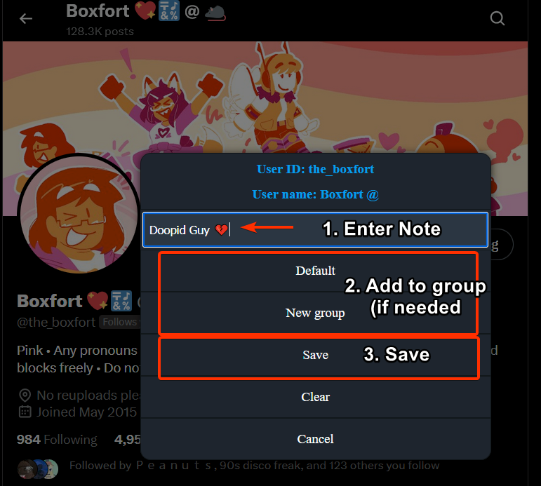 the_boxfort's tweet image. Mini tutorial on the notes script

1. Click the edit icon (NOT &quot;Edit Profile&quot;)
2. A pop-up should show up, enter your note there and save
3. Note added!