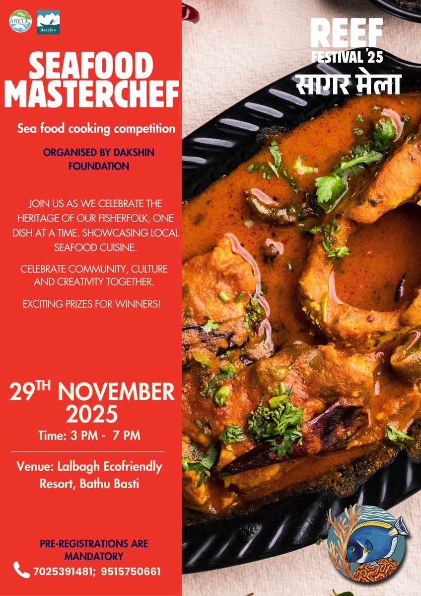 Join the Seafood MasterChef cooking competition in A&amp;N islands, as part of the Reef Festival 2025 / सागर मेला on 29th Nov, from 3 PM - 7 PM, at the Lalbagh Ecofriendly Resort, Bathu Basti!

Pre-registrations are mandatory, so secure your spot by calling 7025391481 or 9515750661.