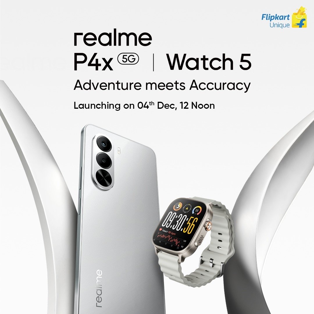 ManishAmbadiya's tweet image. 📢 Official: realme P4x &amp;amp; realme Watch 5 launching in India on Dec 4! 🇮🇳✨

realme P4x
▪️ FHD+ 144Hz LCD
▪️ Dimensity 7400
▪️ 50MP + 2 aux sensors
▪️ 8MP selfie
▪️ 7000mAh + 45W

realme Watch 5
▪️ 1.97&quot; AMOLED (600 nits)
▪️14-day battery
▪️ BT 5.3 | GPS | NFC | IP68

#realmeP4x
