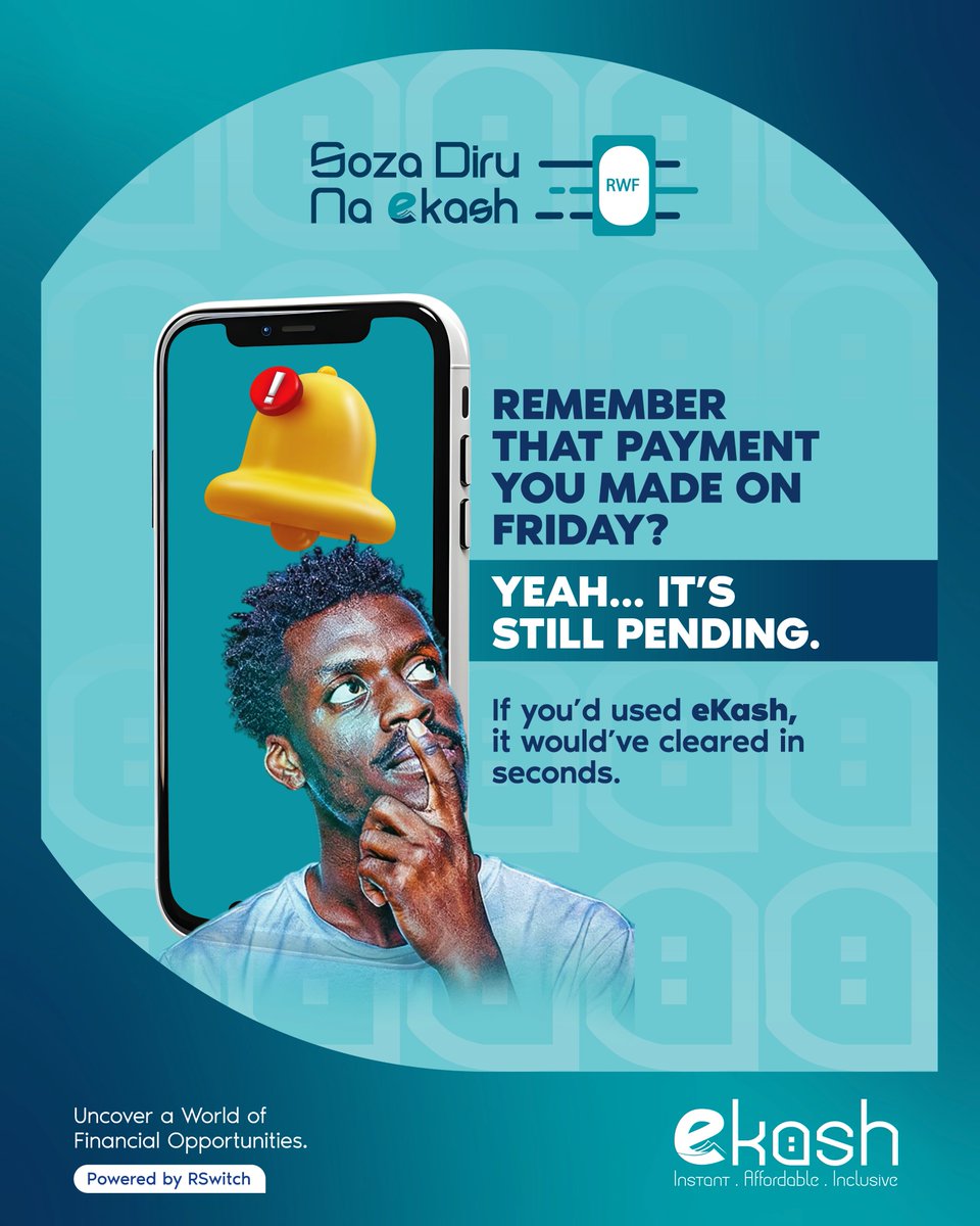 IGIHE's tweet photo. AD: We’ve all been there, waiting the whole weekend for a payment to go through.
With @ekashrs transfers clear instantly even between banks, MoMo, Airtel Money, or SACCOs.
All in the blink of an eye!
#eKash #RSwitch https://t.co/xHAphzfQyZ