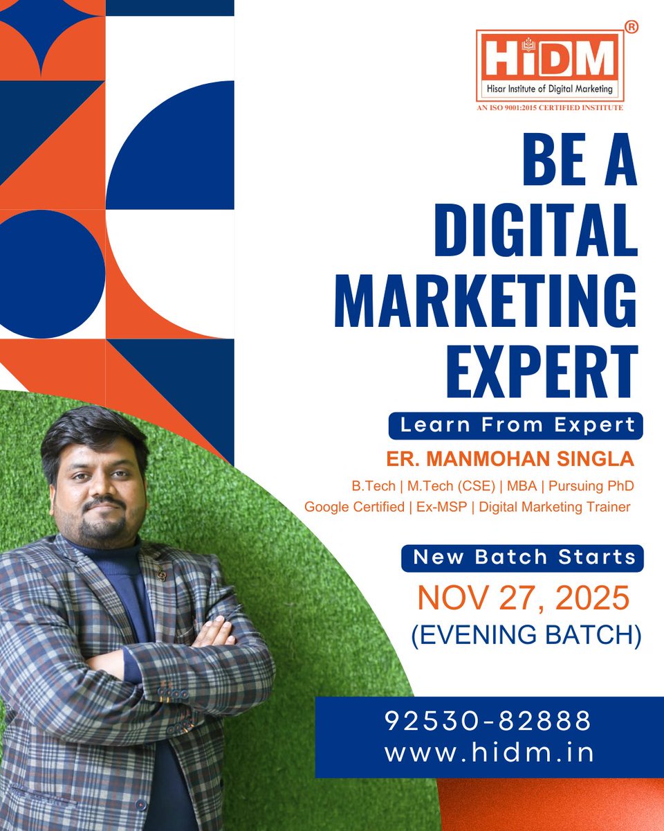 hidmhisar's tweet image. Evening&apos;s New Batch Starts On November 27, 2025 (Thursday)
Book A Free Demo Class – forms.gle/j8q3RTqrzaBp8u…
Call: 9253082888 | hidm.in
#HIDM #DigitalMarketingCourse #HisarStudents #DigitalMarketing #NewBatchAlert