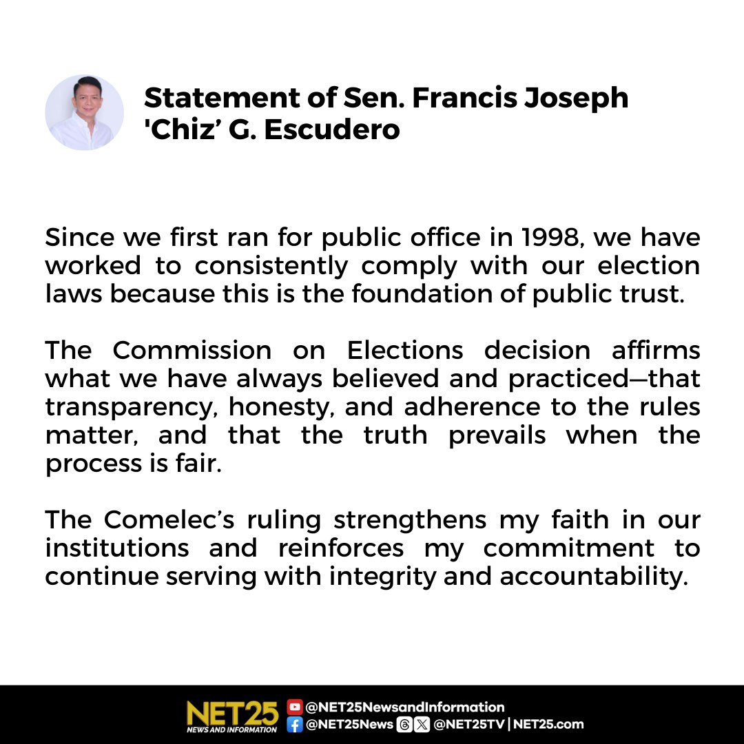 NET25TV's tweet image. TINGNAN: Pahayag ni Sen. Francis “Chiz” Escudero matapos ipatigil ng Comelec’s Political Finance and Affairs Department ang imbestigasyon hinggil sa P30 milyong halaga ng campaign donation sa senador mula kay Lawrence Lubiano.

#NET25NewsandInformation #ChizEscudero #Comelec
