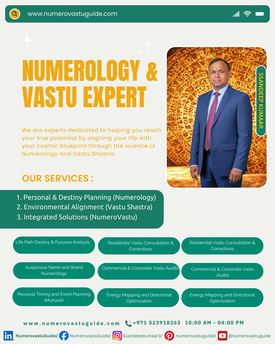 SsandeepKumaar's tweet image. Align your Life in the UAE! Ssandeep Kumaar specializes in balancing Vastu Directions with Numerology Charts to boost your financial stability and personal growth. Get 100% accurate results.

#VastuDirections #NumerologyChart #FinancialStability #UAEBusiness #LifeAlignment