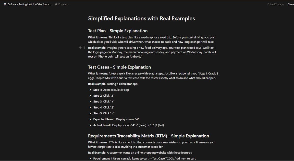 Harshhhada_1431's tweet image. Explored Notion AI: turned my Software Testing notes into: ✅ Q&amp;amp;A flashcards ✅ Simple explanations with real-life examples.
Long chapters → revision in minutes 🔥 Smart learning, not cheating!
#NotionAI #StudySmarter @lfp_Tardeo  @apnipathshala_ @Saipujariprasad