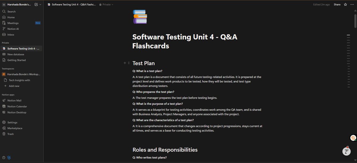 Harshhhada_1431's tweet image. Explored Notion AI: turned my Software Testing notes into: ✅ Q&amp;amp;A flashcards ✅ Simple explanations with real-life examples.
Long chapters → revision in minutes 🔥 Smart learning, not cheating!
#NotionAI #StudySmarter @lfp_Tardeo  @apnipathshala_ @Saipujariprasad