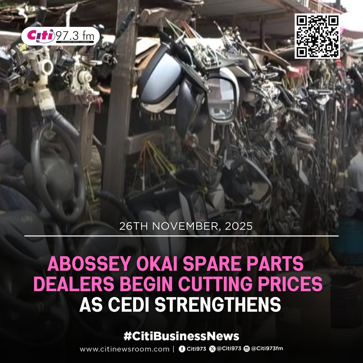 Citi973's tweet image. Dealers at Abossey Okai, Ghana’s largest hub for automobile spare parts, have begun reducing prices of key products as the cedi continues to appreciate against the US dollar.

| Read more here: citinewsroom.com/2025/11/abosse…

#CitiNewsroom #CitiFM #GhanaNews #CitiBusinessNews