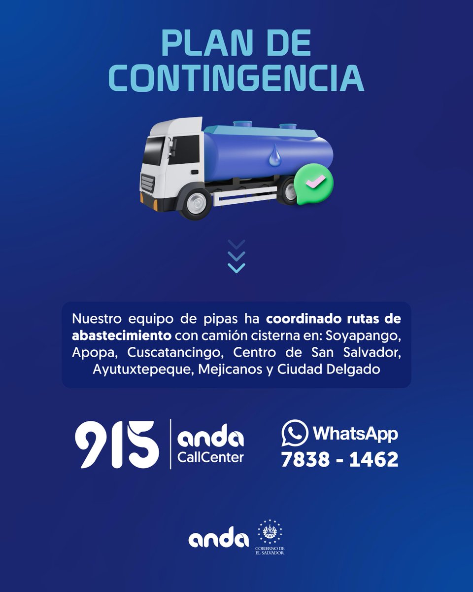 ANDASV's tweet image. Durante el proceso de restablecimiento progresivo del servicio de agua potable, luego de los trabajos de mantenimiento en el Sistema Torogoz, nuestras rutas de abastecimiento con camiones cisterna se mantienen en circulación en: 

📍 Soyapango, Centro de San Salvador,…