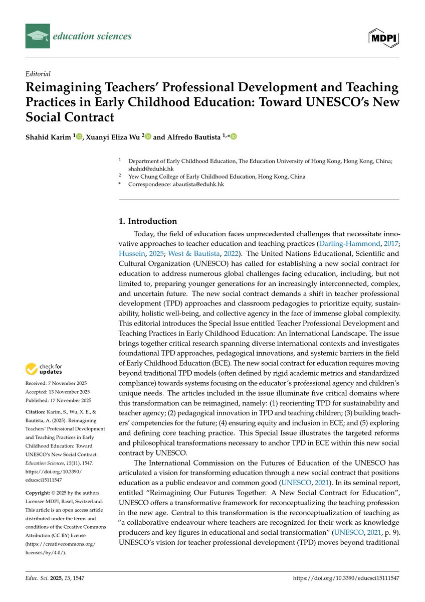 ECE_EdUHK's tweet image. 👩‍🏫New paper &quot;Reimagining Teachers&apos; Professional Development and Teaching Practices in Early Childhood Education: Toward UNESCO&apos;s New Social Contract&quot; by Dr Shahid Karim, Dr Xuanyi Eliza Wu &amp;amp; Prof Alfredo Bautista (@Dr_A_Bautista): mdpi.com/2227-7102/15/1… #ECE #EdUHK