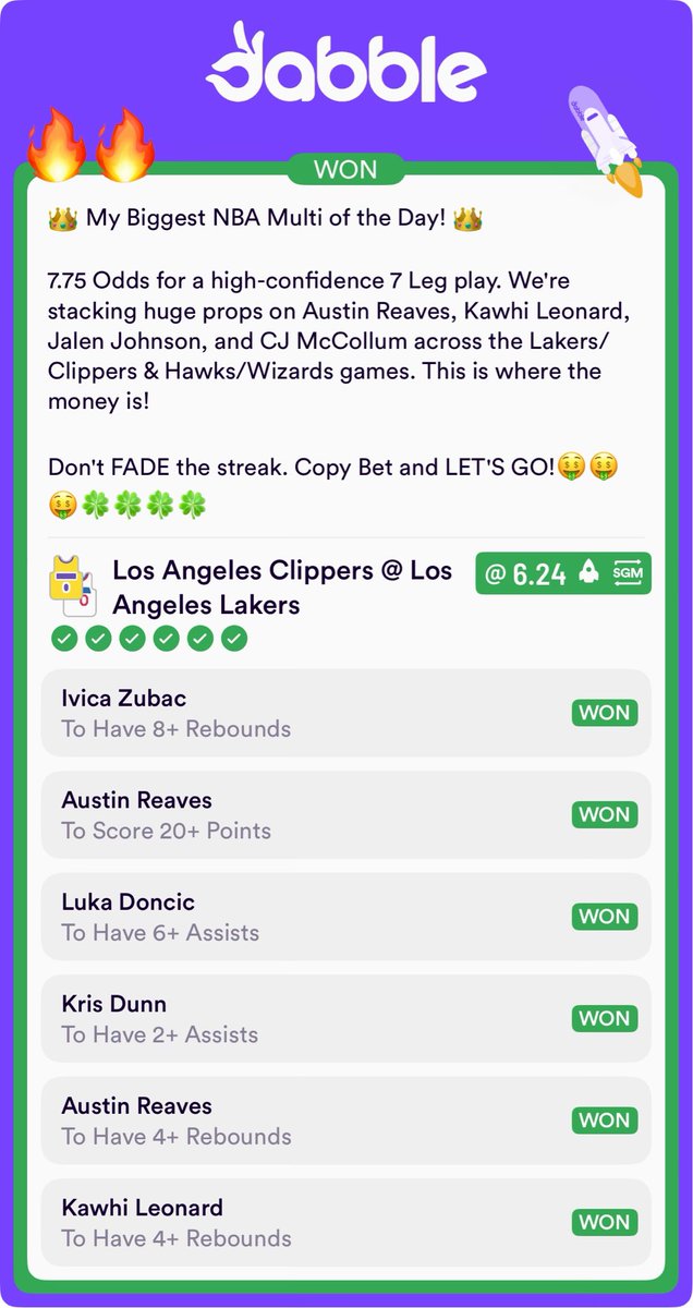 ClarkinBets's tweet image. 🤯 7.75x PAYDAY HIT! 🤯
My Biggest NBA Multi of the Day landed with a BANG! 💥 7-legs of pure GOLD. Don't waste your time building your own.
Want to see my next high-confidence play? Follow me on Dabble.
#Dabble #NBABetting #SportsBetting #NBApicks 

click.dabble.com.au/gnUM/zjn5n5ui