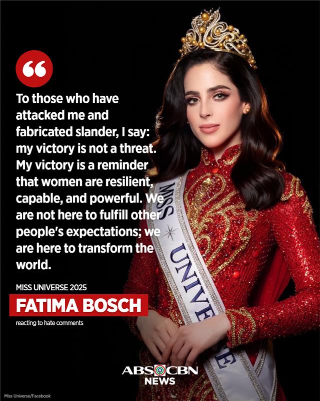 ABSCBNNews's tweet image. Days after being crowned Miss Universe 2025, Mexican beauty queen Fatima Bosch has spoken about not letting negativity get to her.

Read: abscbn.news/43QDFMf