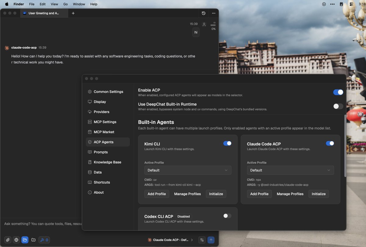 imwritingbugs's tweet image. DeepChat V0.5.0 发布，正式把 ACP 集成推向正式版渠道，另外此版本集成了MCP UI，可以在输出中展示非常丰富的内容，甚至未来可能可以替代掉 Artifacts