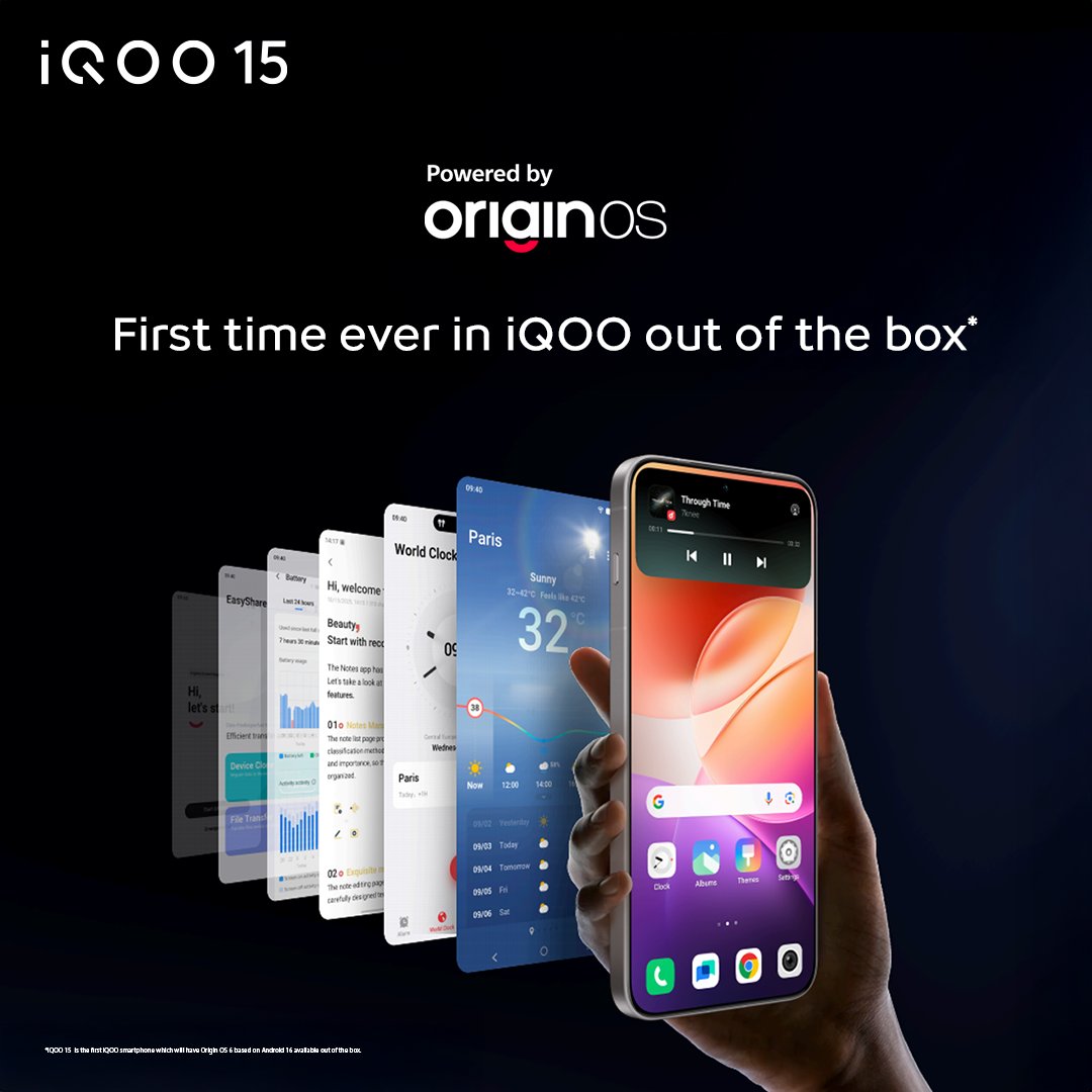 IqooInd's tweet image. The New OS Era Starts With #iQOO15!

With OriginOS 6  First time ever in iQOO out of the box*, the device feels fluid, responsive and beautifully intuitive right from setup.

Every swipe feels lighter. Every action feels faster.

*iQOO 15 is the first iQOO smartphone which will…