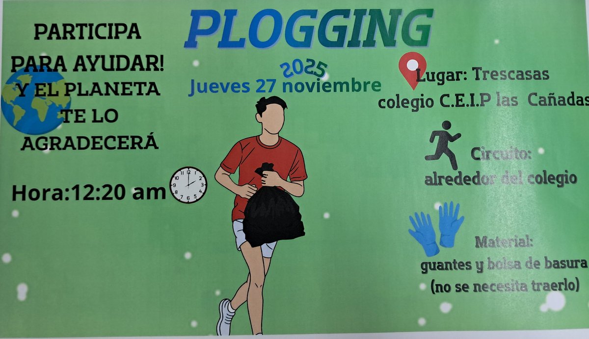 🗓Mañana jueves 27 de noviembre
🕛 12.20 h
📍En la puerta del cole
Animate y ven con nosotros a hacer PLOGGING. 
Actividad física y educación medioambiental. Correremos y limpiaremos nuestro entorno.
#PIEEscuelasSaludables
<a href="/educacyl/">Educación JCyL</a>