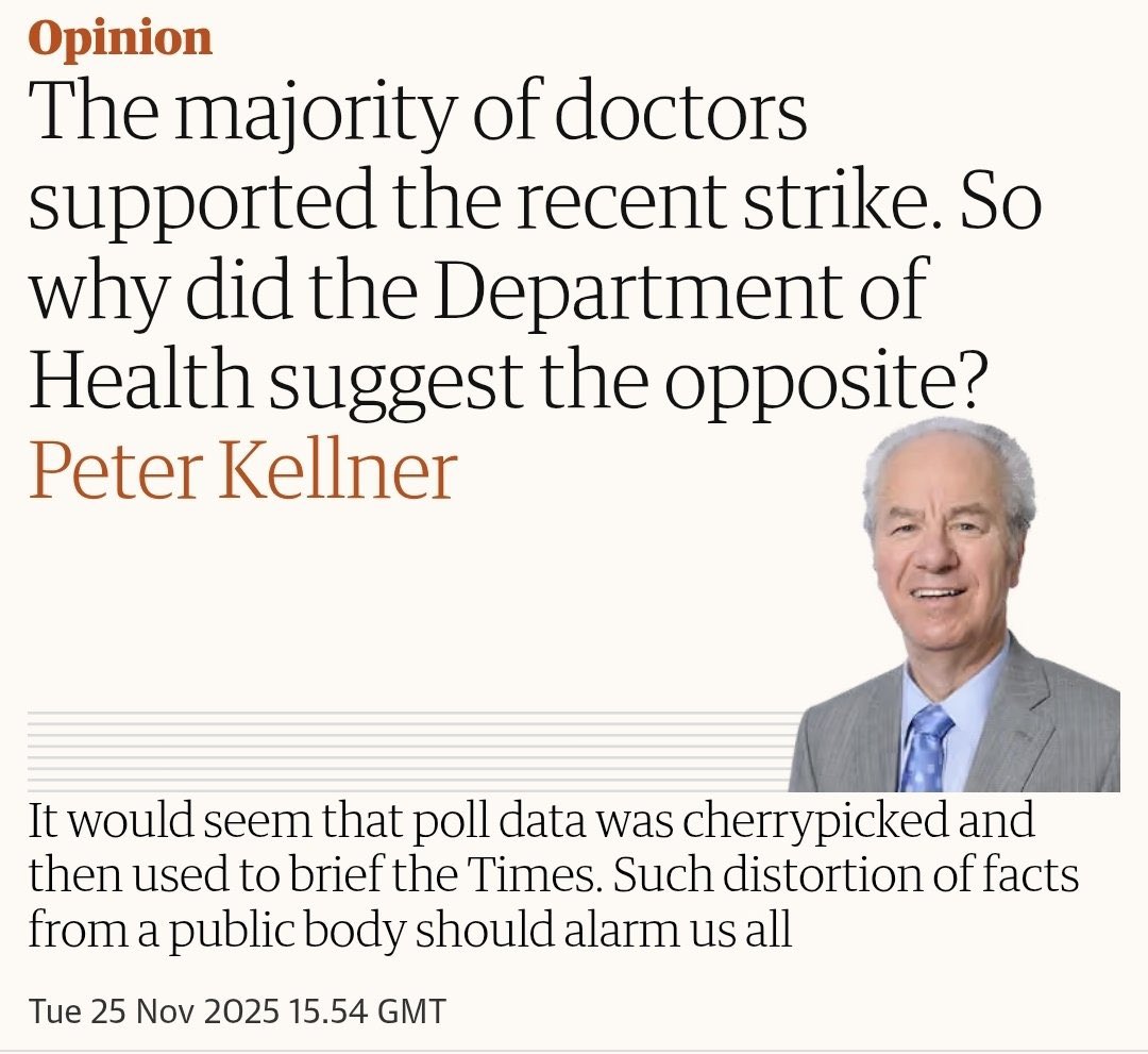 DrHWazir's tweet image. A recent poll commissioned by the @DHSCgovuk showed something crystal clear: an overwhelming majority of  resident doctors support strike action.

Instead of telling the public that, the Department of Health briefed journalists using a different question that didn’t measure…
